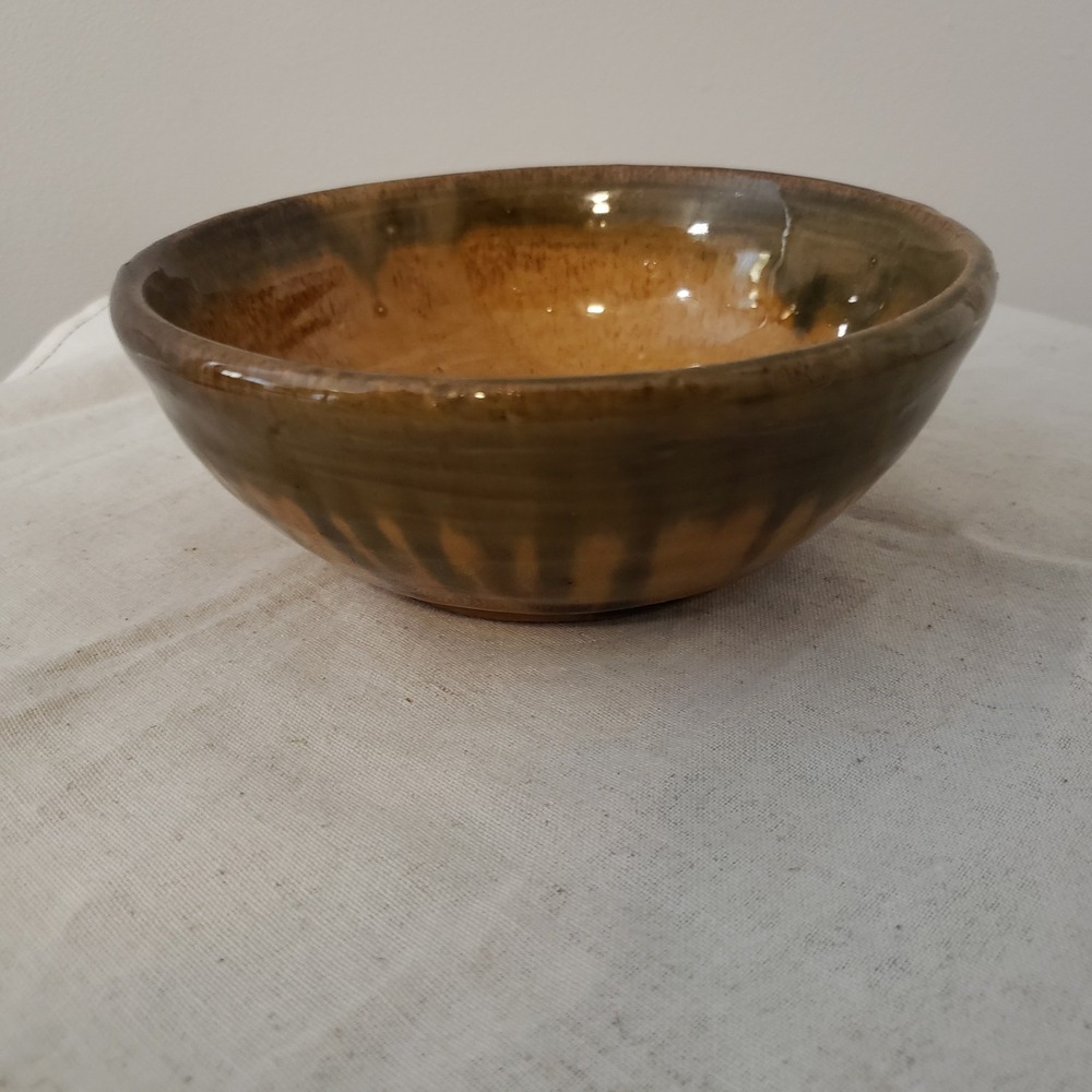 Vintage Studio Art Handmade Pottery Small Bowl Signed Glazed Green Mustard